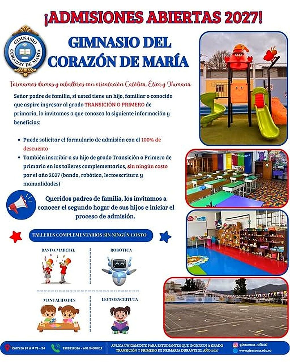 Volante Admisiones 2027 con beneficios de talleres gratuitos — Gimnasio del Corazón de María