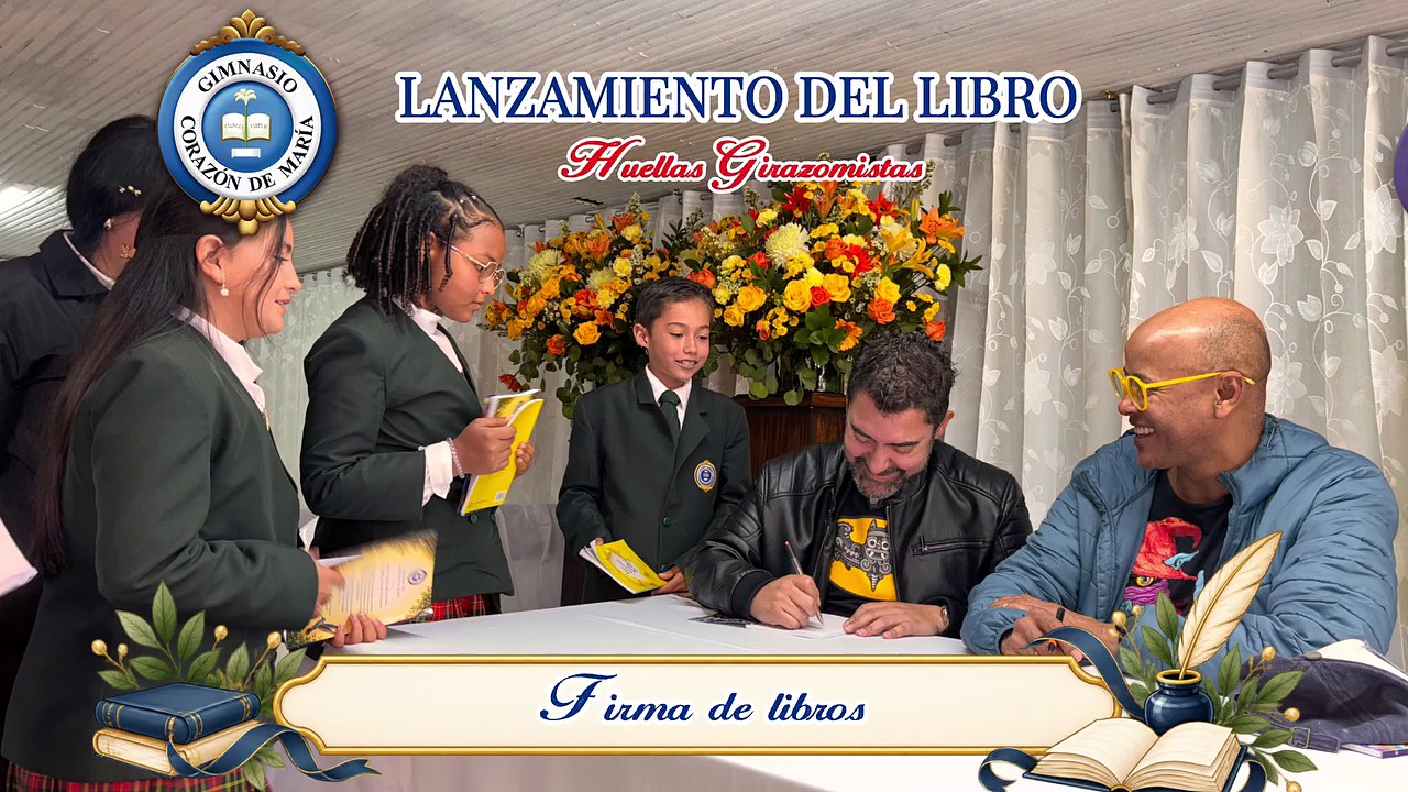 Estudiantes recibiendo la firma de su libro Huellas Girazomistas